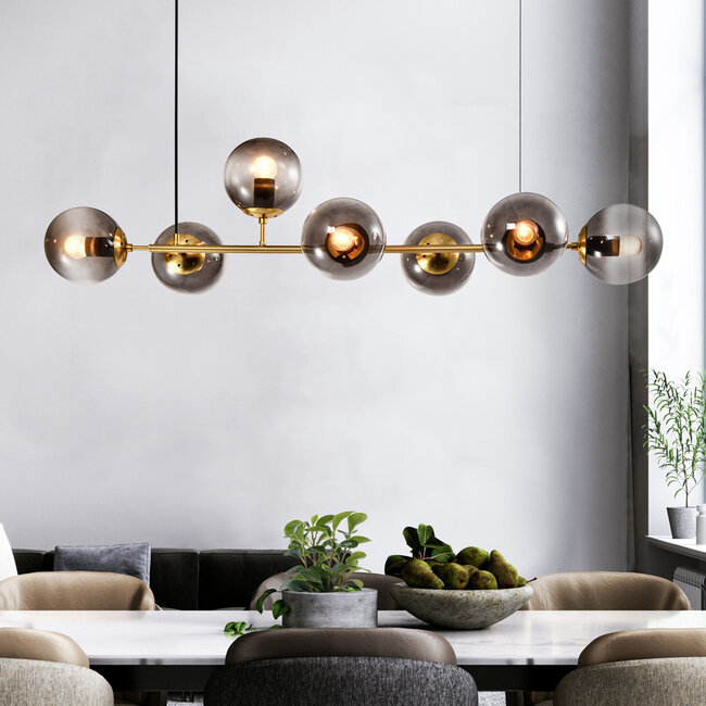 Gold pendant light Sette with smoked glass, 7-bulb