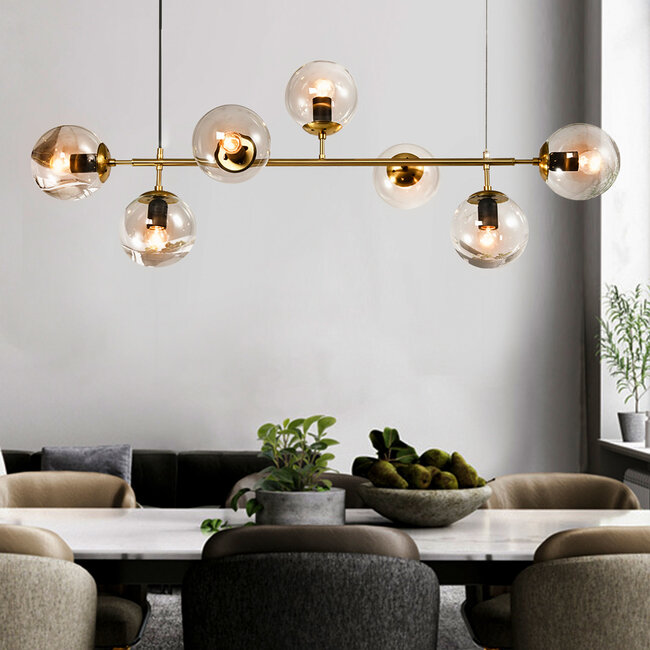 Gold pendant light with transparent glass, 7-bulb - Hepta