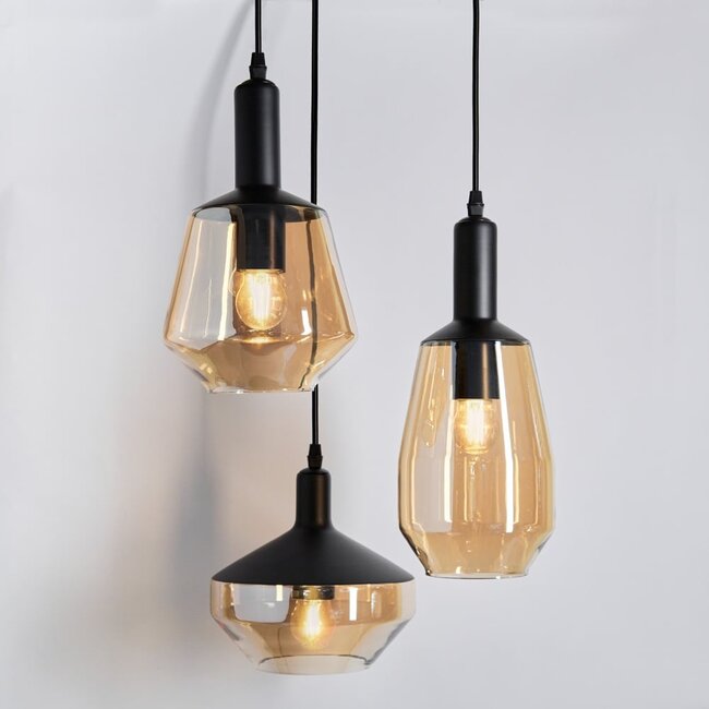 Designer pendant light black with amber glass, 3 lights - Mala