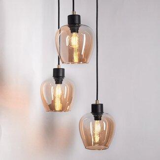 Black pendant light, sand gold/amber glass, 3-bulb - Stockton