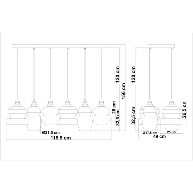 6-light pendant light Bellano in smoked glass - black