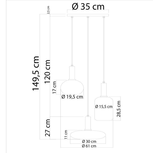 Pendant Light Dennis with Opal White Glass, 3-light