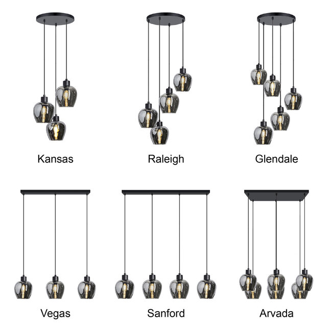 6-light pendant light Arvada with smoked glass