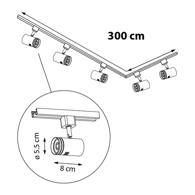 Industrial 1-phase 3-metre track lighting system with Jamie spotlights - Ceiling rail