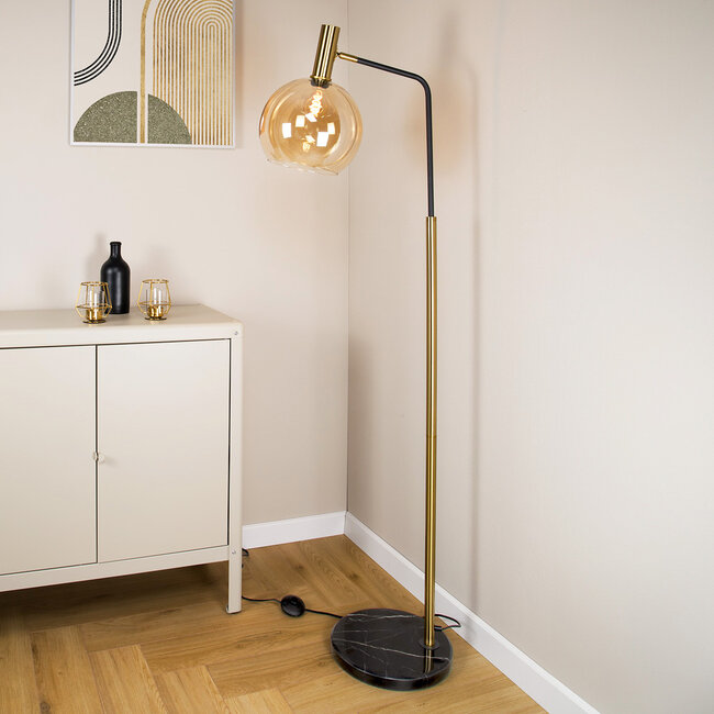 Gold floor lamp with glass shade and marble base - Singh
