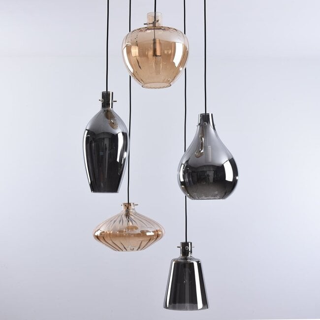 5-light pendant light Nisa - amber and smoked glass with gold