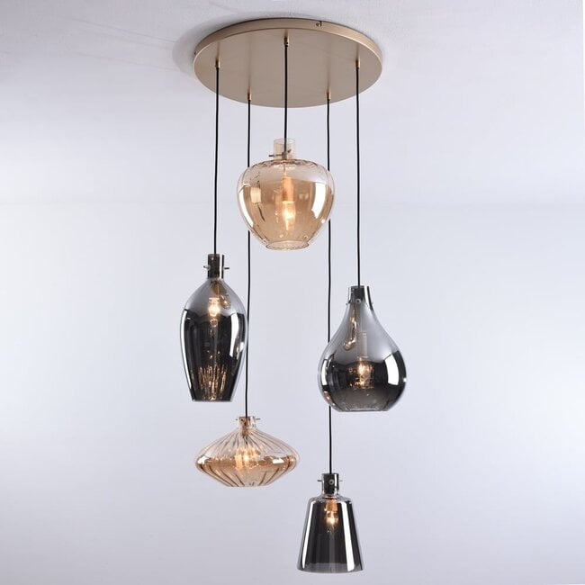 5-light pendant light Nisa - amber and smoked glass with gold