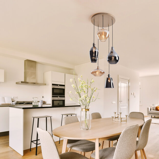 Pendant lamp with amber and smoked glass, 5-light - Nisa