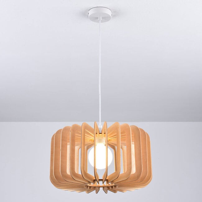Round wooden pendant light Inzai - open shade with curved slats
