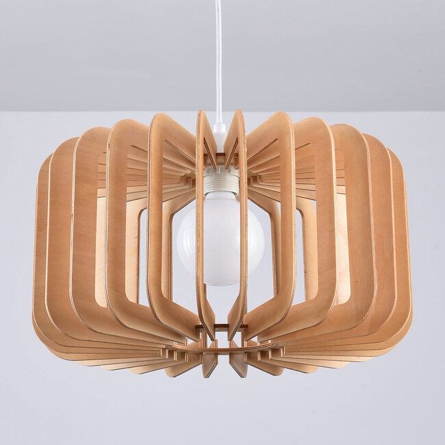 Round wooden pendant light Inzai - open shade with curved slats