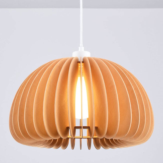 Round wooden pendant light Ikoma - open shade with curved slats
