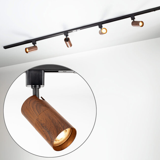 1-phase track lighting system 1.5 metres black with walnut wood look track lights - Loek