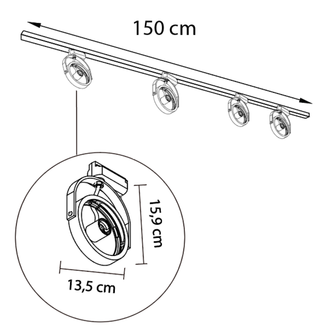 Modern single-phase track system of 1.5 m length with Skaly spots