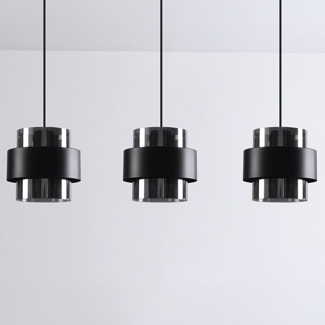 3-light pendant light Faey - smoked glass and black elongated