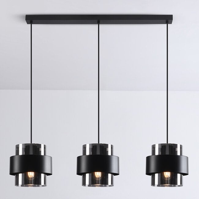 3-light pendant light Faey - smoked glass and black elongated