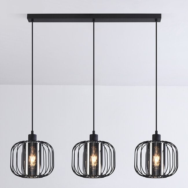 3-light pendant light Dilan - smoked glass with metal slats
