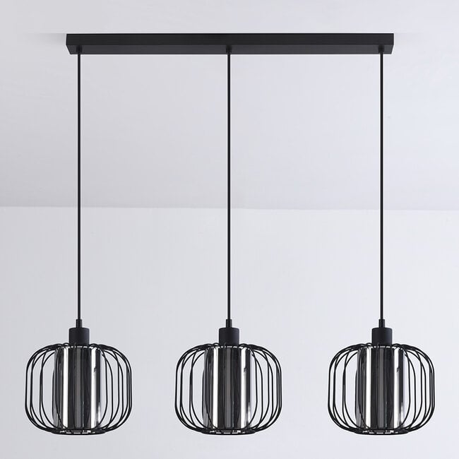 3-light pendant light Dilan - smoked glass with metal slats