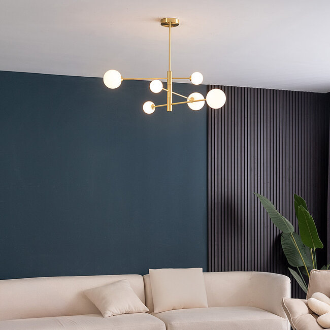 6-light ceiling light Sest - gold with milk-white glass globes