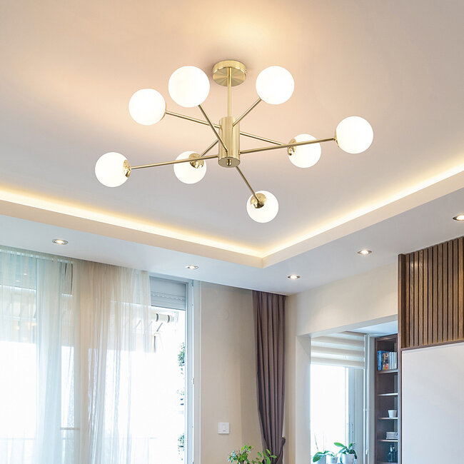 Designer sand gold ceiling lamp with opal white glass - 8-light Idaho