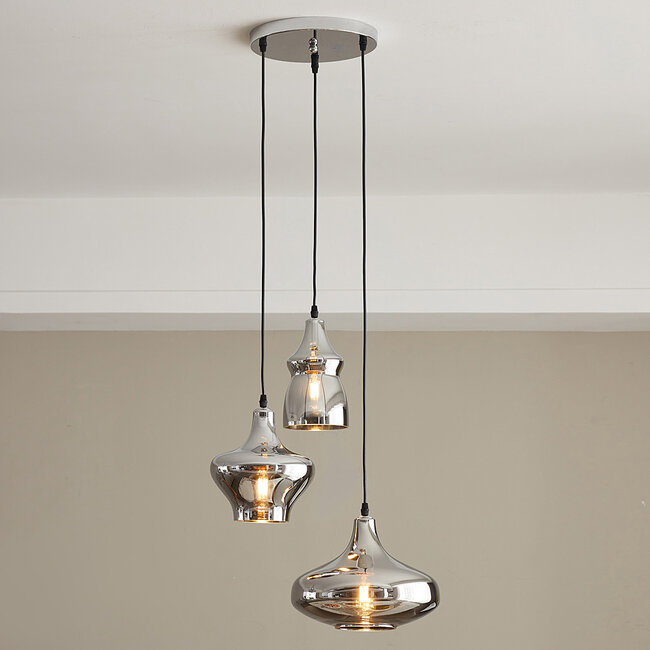 Designer 3-light pendant lamp Bari in chrome glass