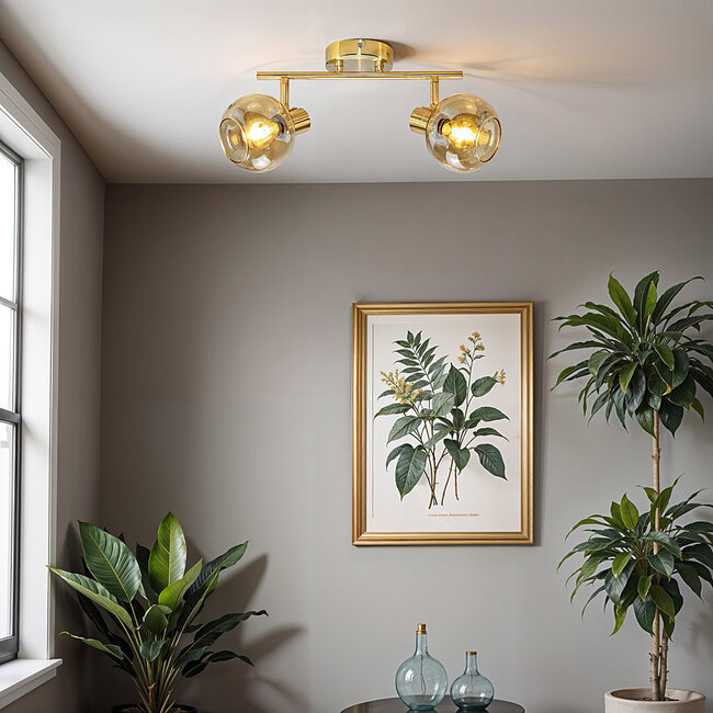 Ceiling lamp Gold with Amber glass, 2-light - Jenthe
