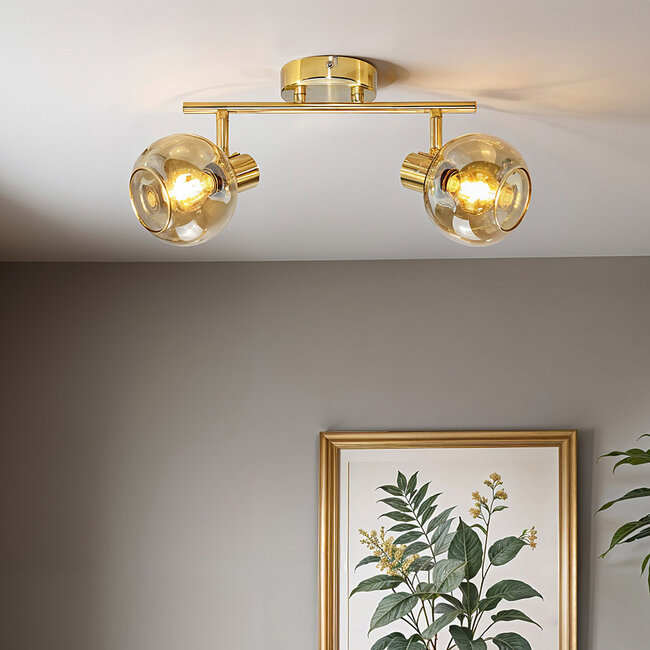 Modern gold ceiling light with amber glass, 2-bulb - Jenthe