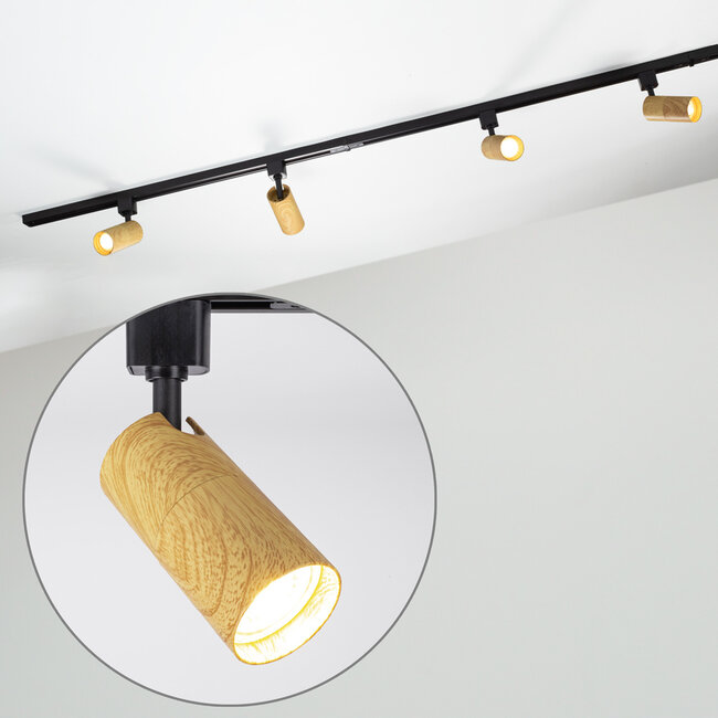 1-phase track lighting system 1.5 metres black with oak wood look track lights - Loek