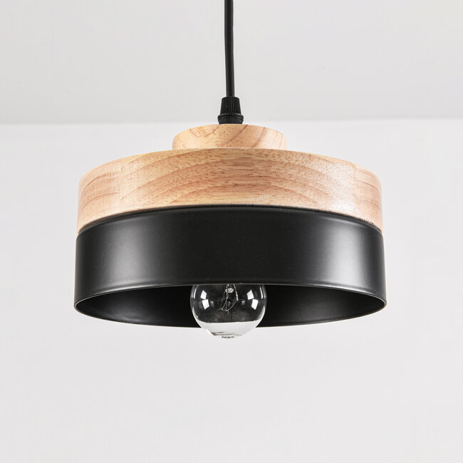 Wooden pendant light Evie with iron rim - wood and black