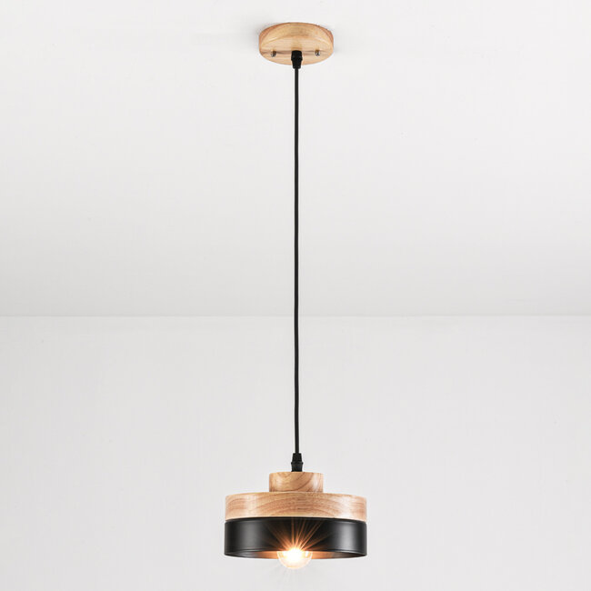 Wooden pendant light Evie with iron rim - wood and black