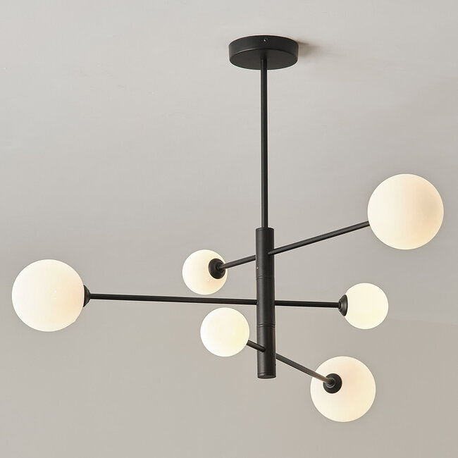 Black designer ceiling lamp with opal white glass, 6-light - Sest