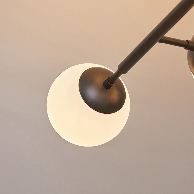 8-light ceiling light Osem - black with milk-white glass globes