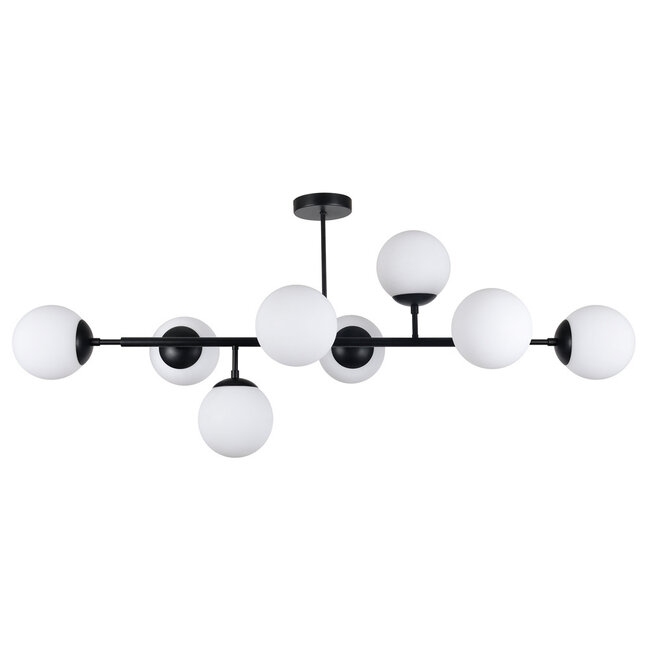 8-light ceiling light Osem - black with milk-white glass globes