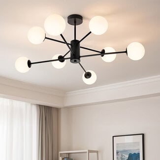 8-light ceiling light Idaho - black with opal glass globes