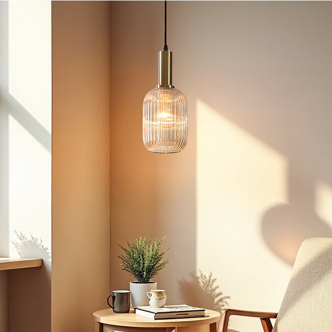 1-bulb pendant light - Sita - cylinder ribbed glass