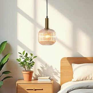 1-bulb pendant light - Sita - ribbed glass drum shape