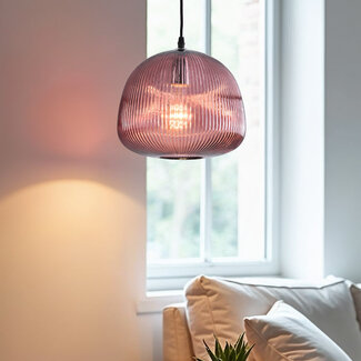 Pendant light with ribbed purple glass, 1-bulb - Molly