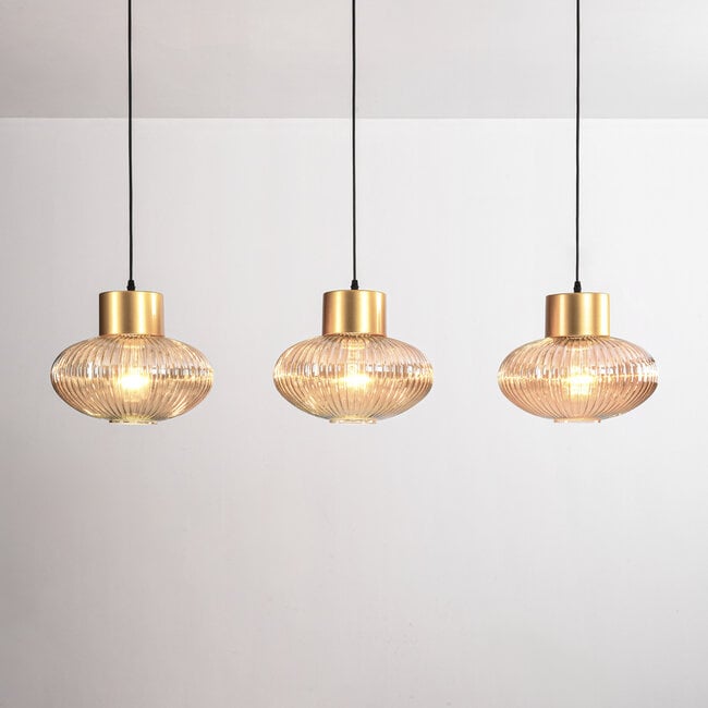 3-light pendant light Imara with amber glass - amber and gold