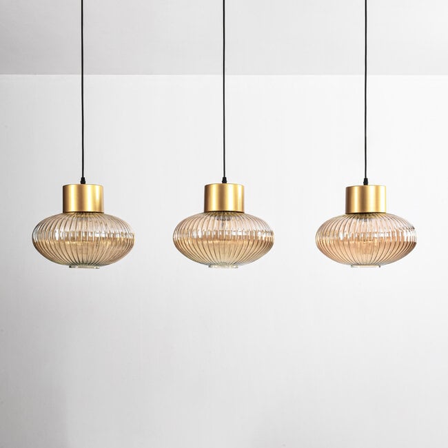 3-light pendant light Imara with amber glass - amber and gold