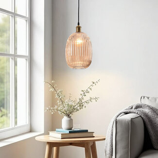 Pendant light with ribbed amber glass, 1-bulb - Riley