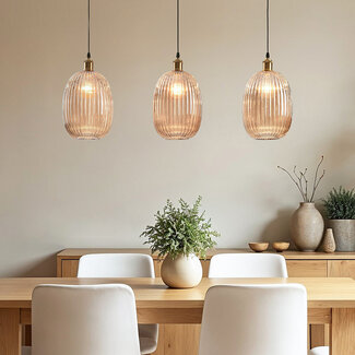 3-bulb pendant light with ribbed amber glass - Erin