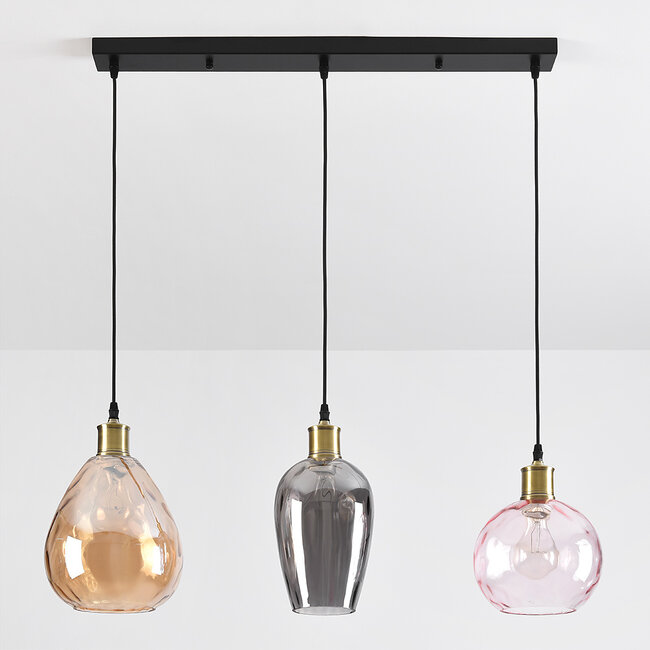 3-light pendant light Vanessa with curved glass - amber, light grey and light pink