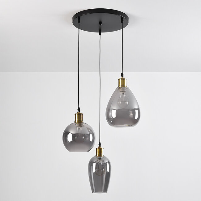 Black pendant lamp made of smooth smoked glass, 3-light - Verona