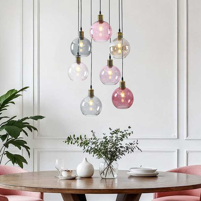 Pendant light with coloured glass, 7-bulb - Liya