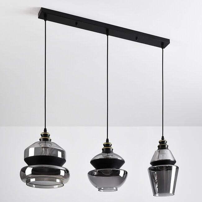 3-light pendant light Sofie in smoked glass - black