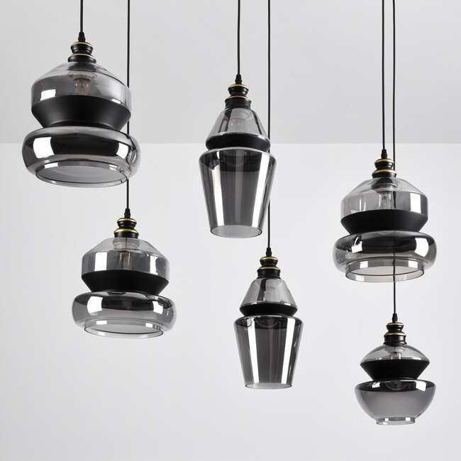 6-light pendant light Bellano in smoked glass - black