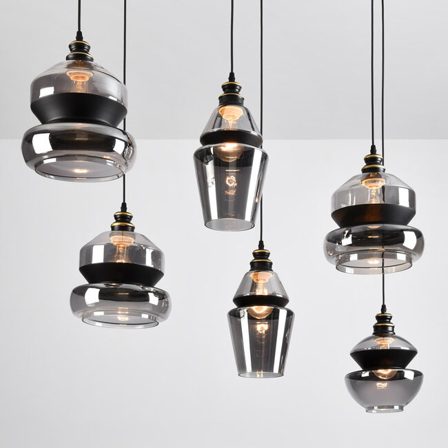 6-light pendant light Bellano in smoked glass - black