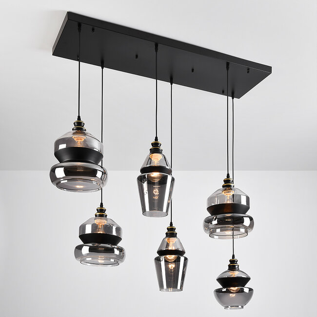 6-light pendant light Bellano in smoked glass - black