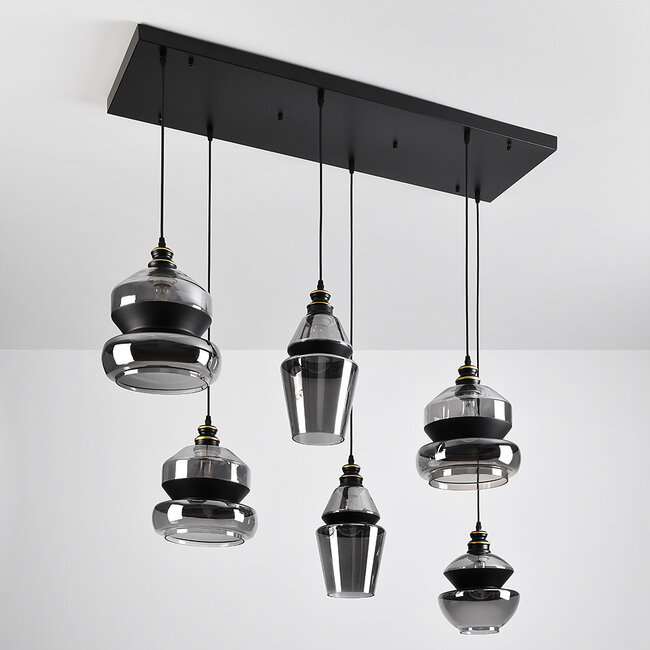 6-light pendant light Bellano in smoked glass - black