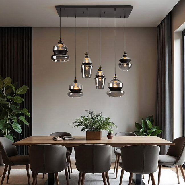 6-light pendant light Bellano in smoked glass - black