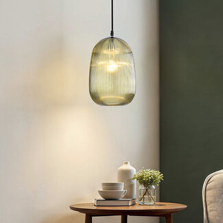 1-bulb pendant light with ribbed green glass - Dylan